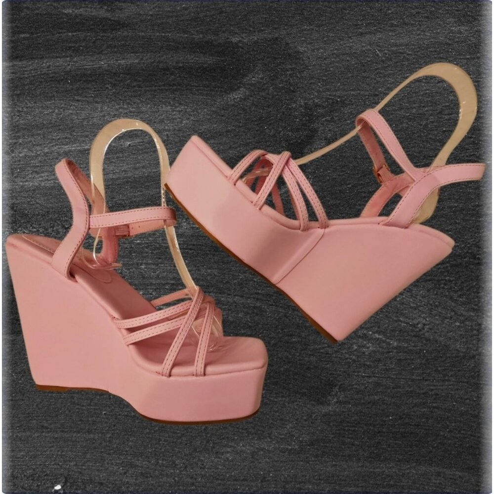 Pink Platform Wedge Sandals With Strappy Design & Adjustable Ankle Strap - Women